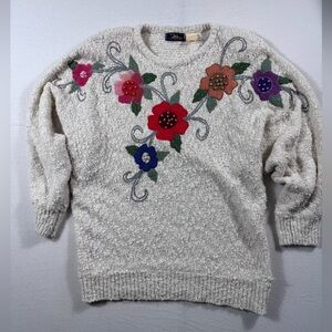 Vintage 80s Grandmacore Floral Appliqué Sweater Oversized Cottagecore | Size L